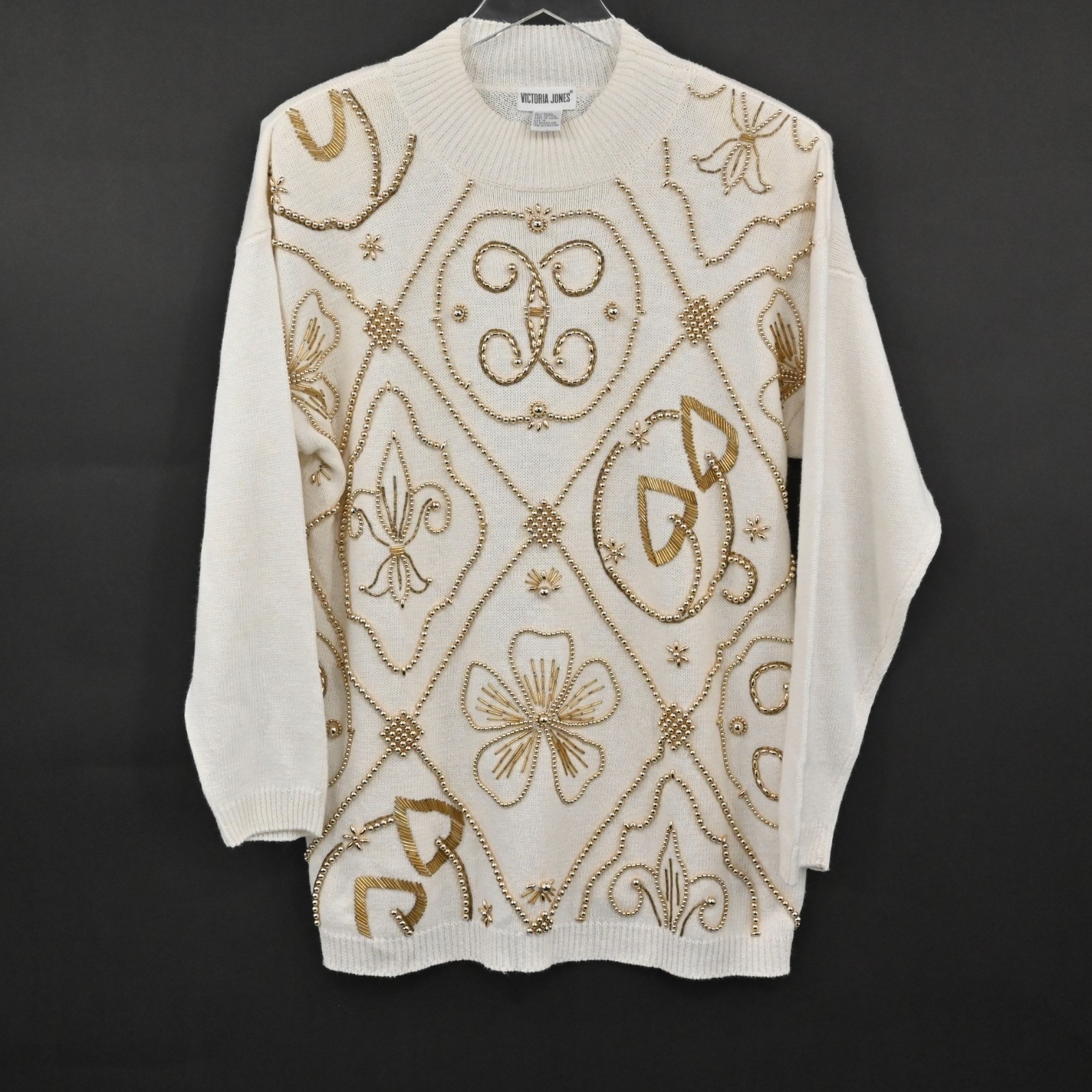 Victoria Jones Beaded Knit Sweater Womens Size M Cream Gold Cotton Vintage 80s